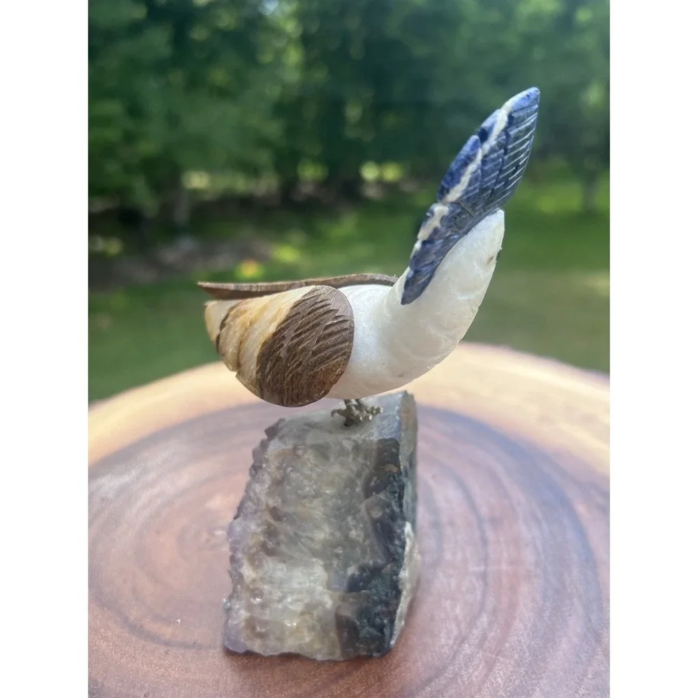 Hand Carved Gemstone Cockatoo Bird Figurine on Amethyst Geode Base 6
